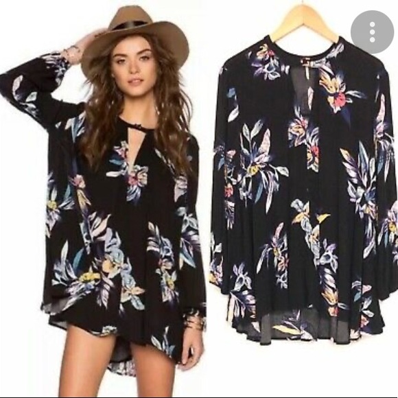 Free People Black Floral Tree Swing Tunic Dress EUC Size S - Picture 2 of 10